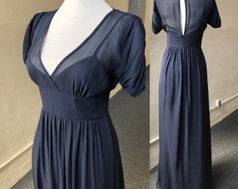 Long Dark Navy Blue Sheer Silk Chiffon Empire Waist Titanic Style Dress Gown Edwardian Inspired XS S Vintage 1990s 90s Short Puffed Sleeves