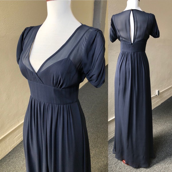 Long Dark Navy Blue Sheer Silk Chiffon Empire Waist Titanic Style Dress Gown Edwardian Inspired XS S Vintage 1990s 90s Short Puffed Sleeves