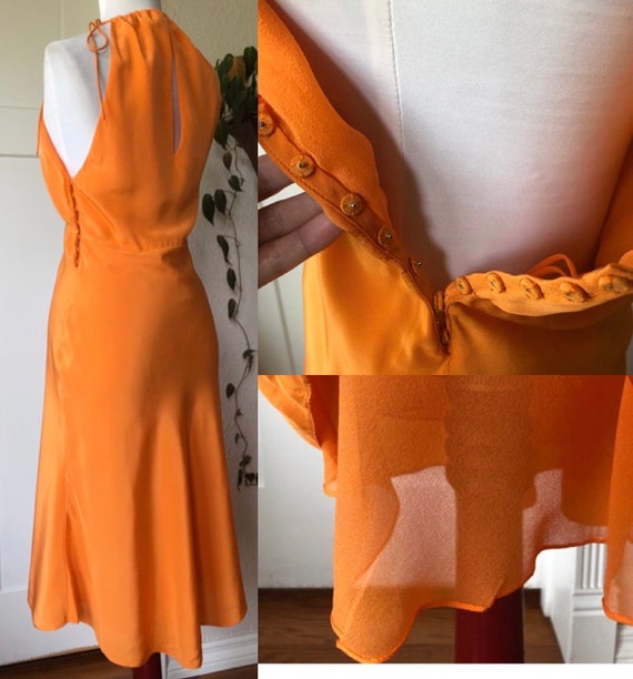 y2k Silk Bright Orange Bias Cut Drapey Strappy Ke… - image 9