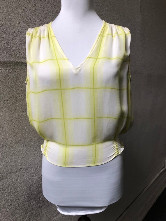 90s Silk Calvin Klein White Lime Green Windowpane… - image 6