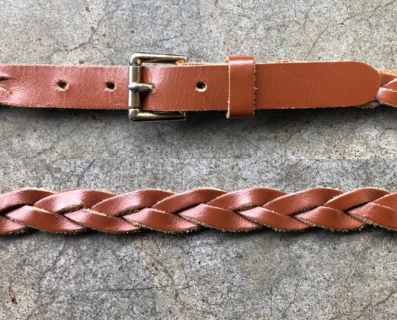 70s Skinny Brown Leather Woven Braided Belt Womens Vintage  display picture 3