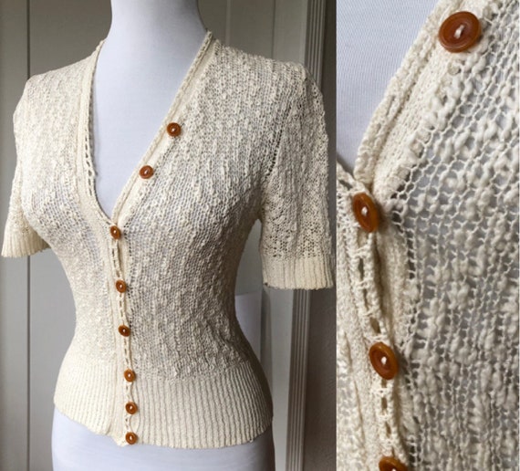 Antique 1930s 40s Nubby Linen Sheer Open Knit Cre… - image 1