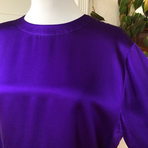 Silk Satin Deep Purple Boxy Blouse Long Puff Puffed Sleeves sz S 1980s 80s 1990s 90s Vintage Secretary Office Deco 1940s 40s Hollywood AS IS