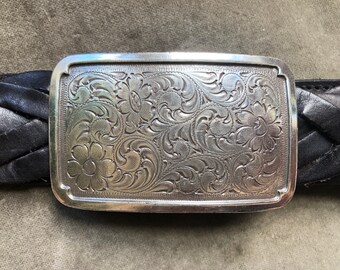 90s Braided Woven Thick Black Leather Belt Silver Floral  display picture 3