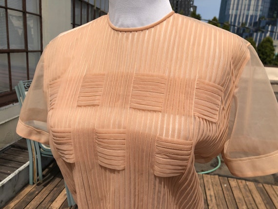 1950s Sheer Mini Pin Pleated Nude Beige Nylon Chi… - image 1