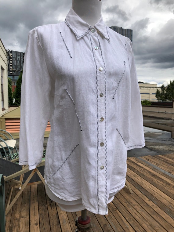 90s White Irish Linen Woven Button up Oxford Cutt… - image 2