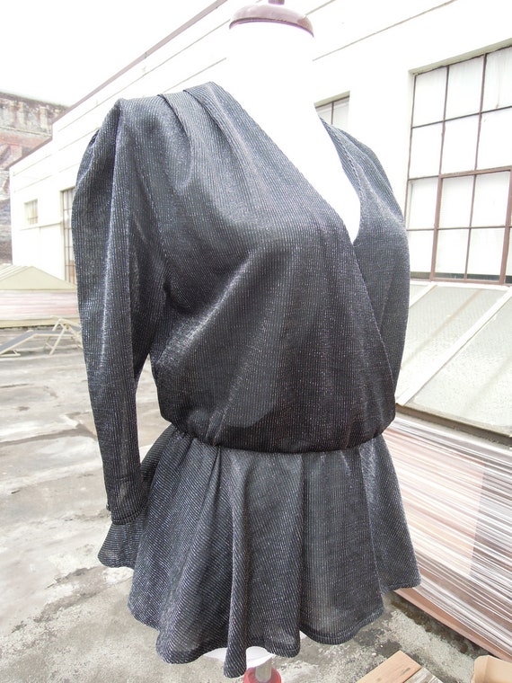 1970s Silver Lame Black Striped Knit Semi Sheer P… - image 3