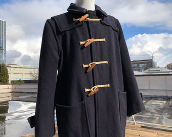 1940s True Vintage Mens Navy Blue Wool Mackintosh Duffle Overcoat Wood Toggle Buttons Coat Jacket S M 1930s 30s 40s Antique Original Duffer