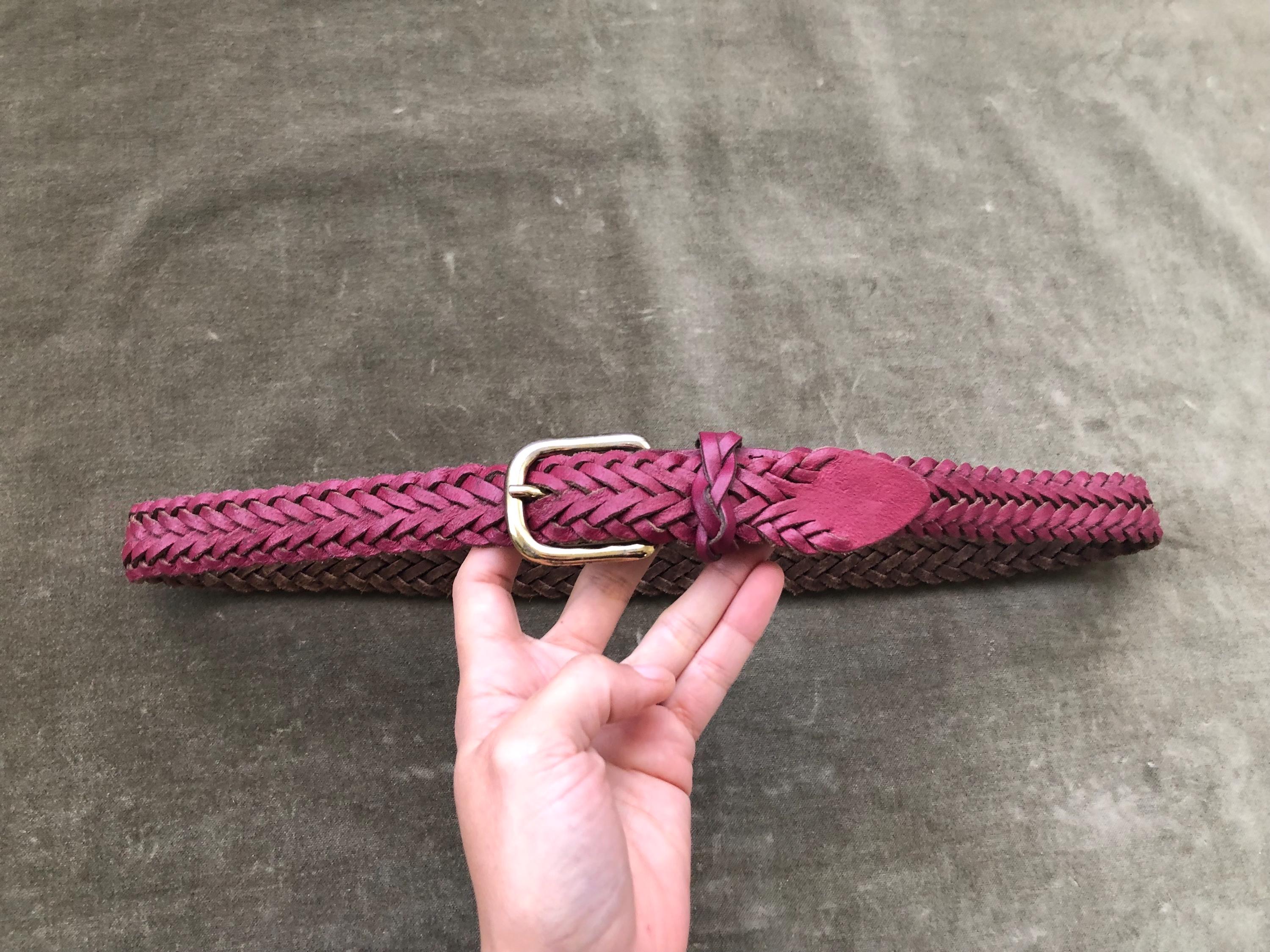 80s 90s Burgundy Leather Woven Braided Belt Adjustable 