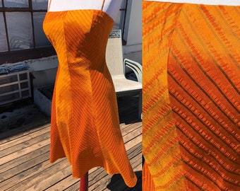 90s Orange Silk Dress Short Mini Slip Gown 1990s Vintage Smal S 4 Chevron Seersucker Stripe Dupioni Taffeta Satin Sleeveless Spaghetti Strap