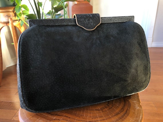 Auth FENDI 70s 80s Large Black Suede Leather Snap… - image 3