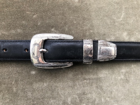 Skinny Black Leather Western Dress Belt Silver Tarnished  display picture 3