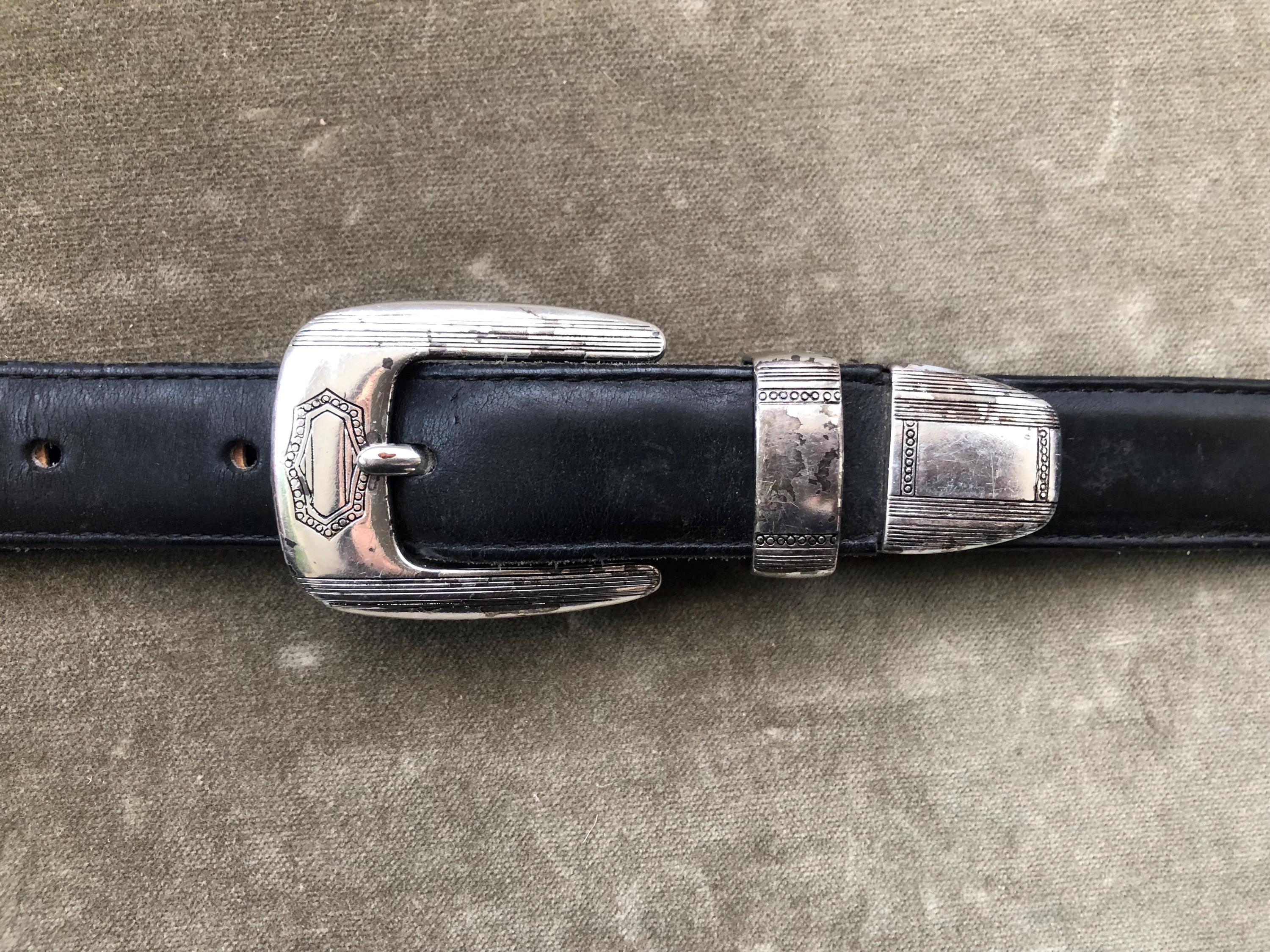 Skinny Black Leather Western Dress Belt Silver Tarnished  display picture 3