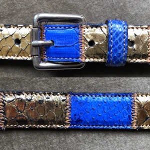 90s Genuine Snakeskin Patchwork Lapis Lazuli Blue Gold Foil Leather Belt 1990s S M 30 31 32 Snake Skin Vintage Italy Western Egyptian Patch