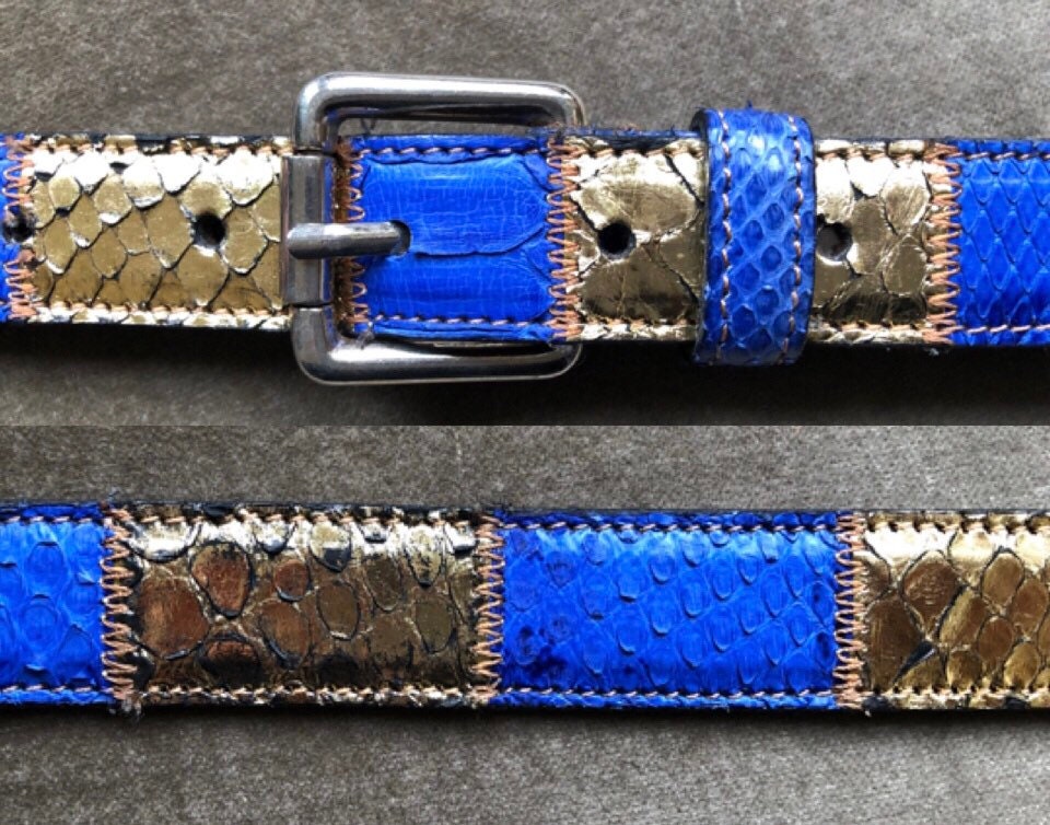 90s Genuine Snakeskin Patchwork Lapis Lazuli Blue Gold Foil 