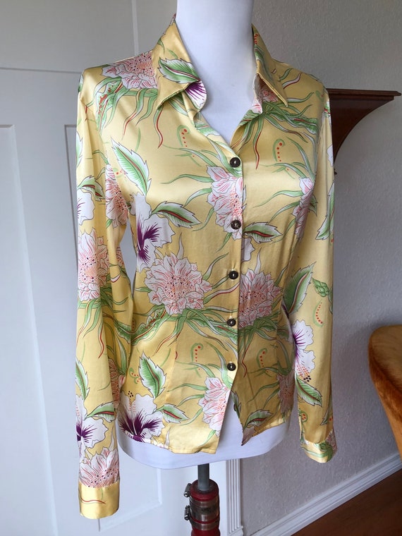Silk Satin Hibiscus Flower Tropical Floral Print Button up