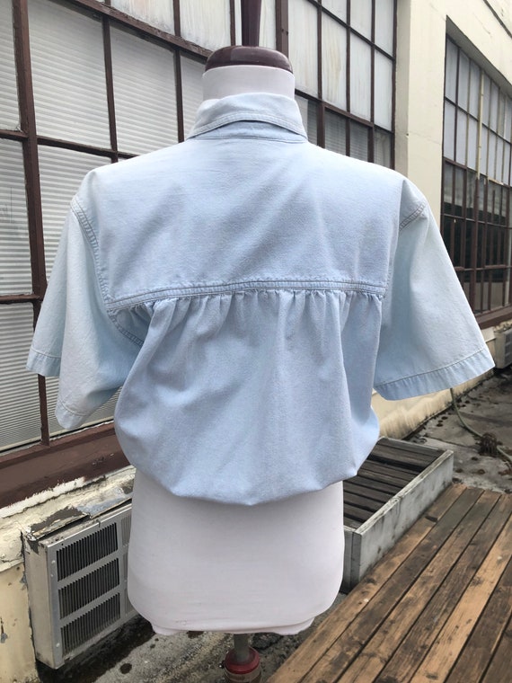 80s Cotton Blue Bleached White Shirt  Denim Boxy … - image 9