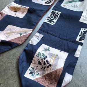Handmade Kimono Silk Japanese Landscape Floral Novelty Print Kerchief Vintage 1970s 1980s Dark Navy Blue Calligraphy Japan Retro Neck Scarf