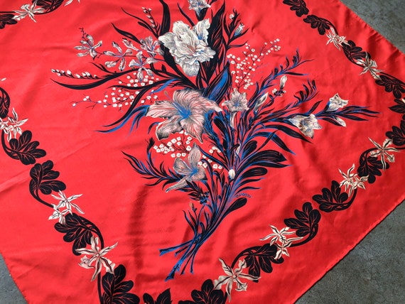 Thai Silk Red Blue Cream Floral Painted Paisley B… - image 1