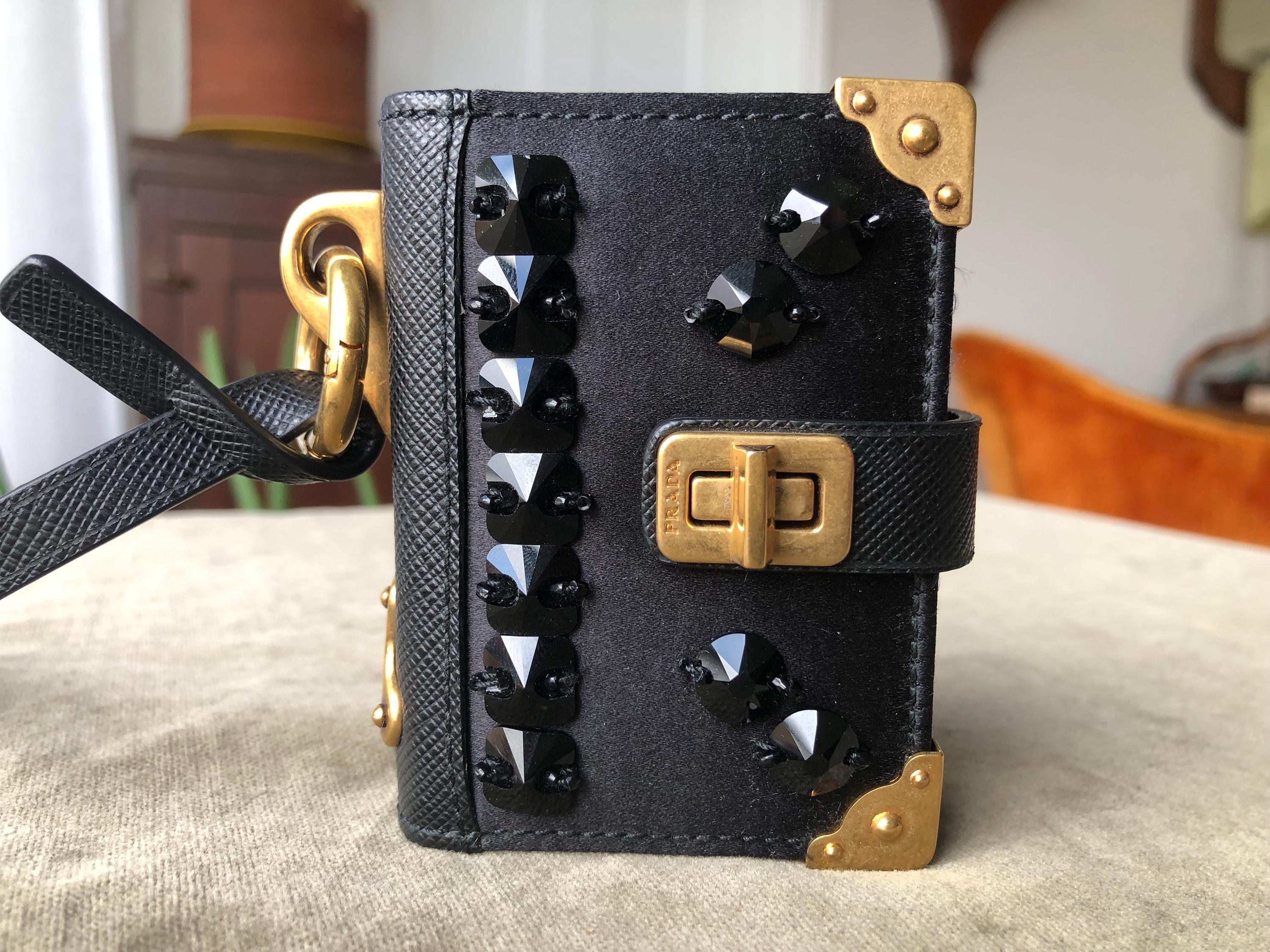Auth PRADA Trick Cahier Black Satin Key Charm Notebook Journal