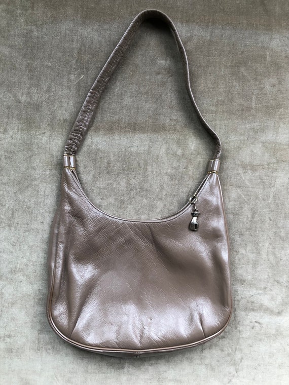 60s 70s Perfect Little Taupe Leather Retro Rounded Zip Top Bag