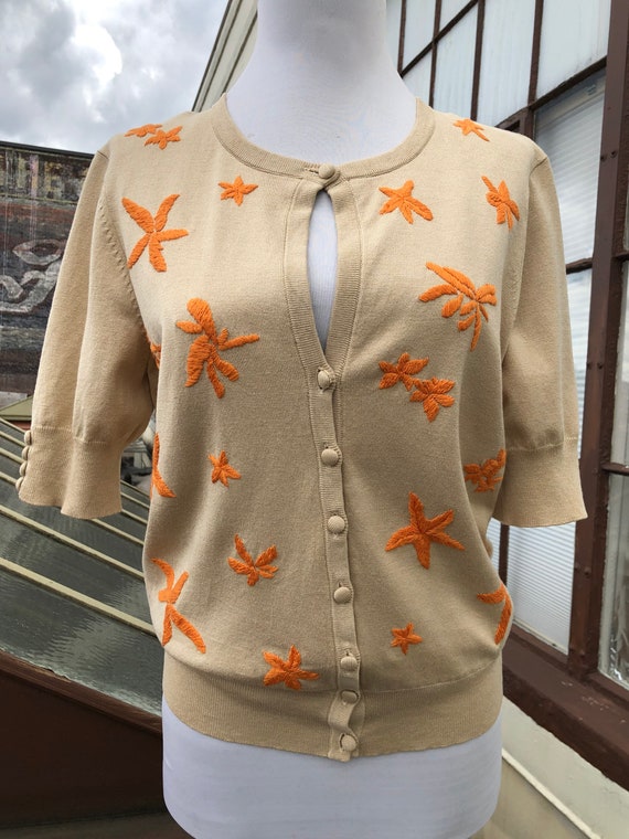 90s Starfish Silk Cotton Knit Beige Orange Embroi… - image 4