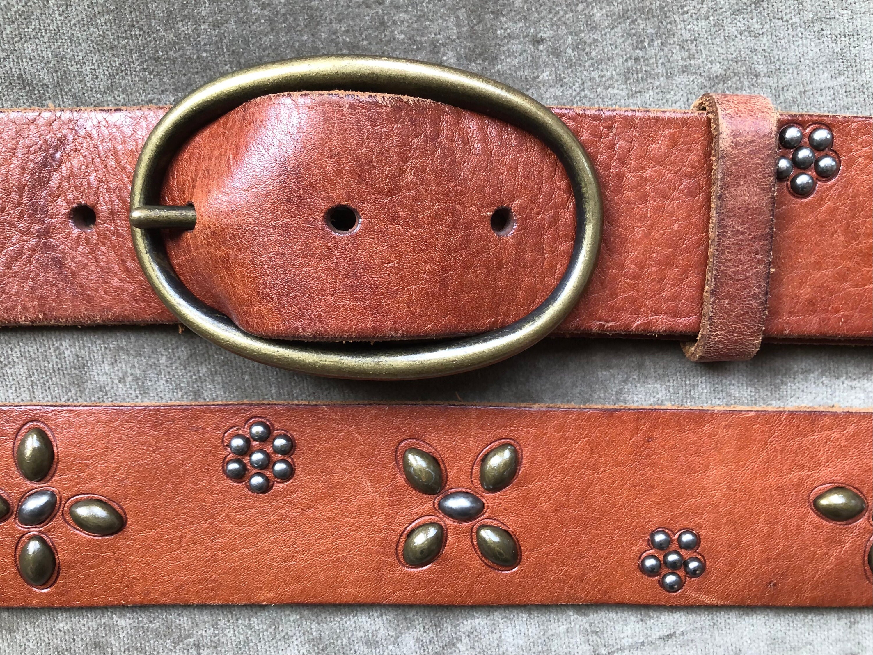 Thick Brown Tan Leather Floral Studded Stud Belt M L Boho 