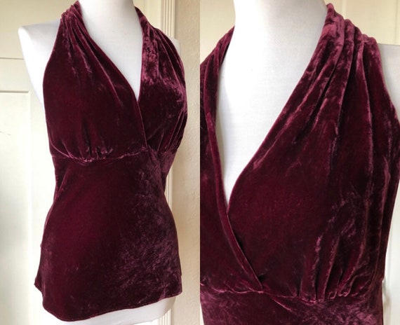 90s Velvet Halter Dark Plum Burgundy Tank Slip To… - image 1