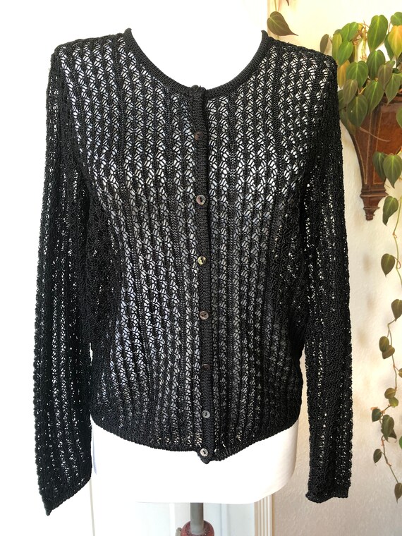 Sheer Lacy Knit Crochet Witchy Boho Black Cardiga… - image 6