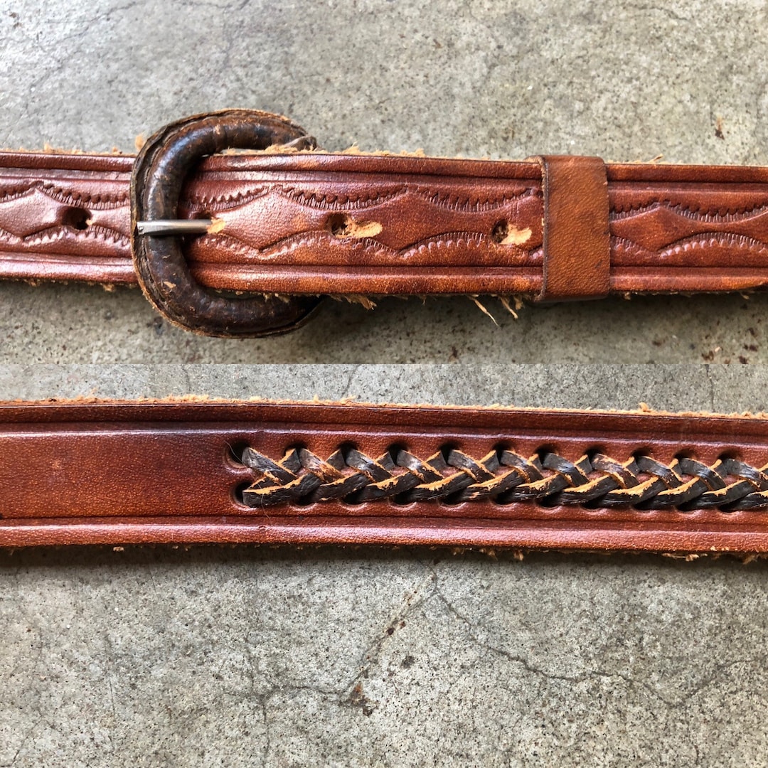 70s 80s Floral Tooled Leather Skinny Thick Brown Belt  display picture 2