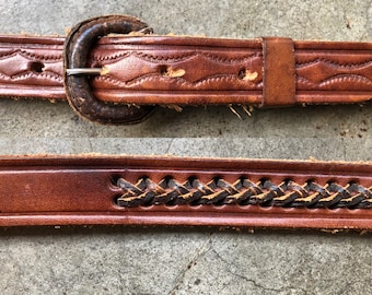 70s 80s Floral Tooled Leather Skinny Thick Brown Belt  display picture 1