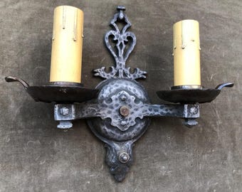 1920s Antique Dog Head Tudor Spanish Revival Gothic Cast Wrought Forged Iron Double Arm Electric Wall Sconce Light Fixture Project Salvage
