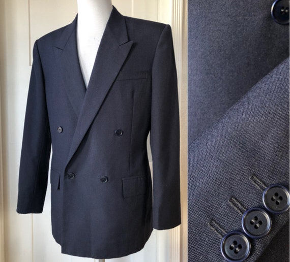 Mens Dark Navy Blue Wool Gabardine Double Breaste… - image 1