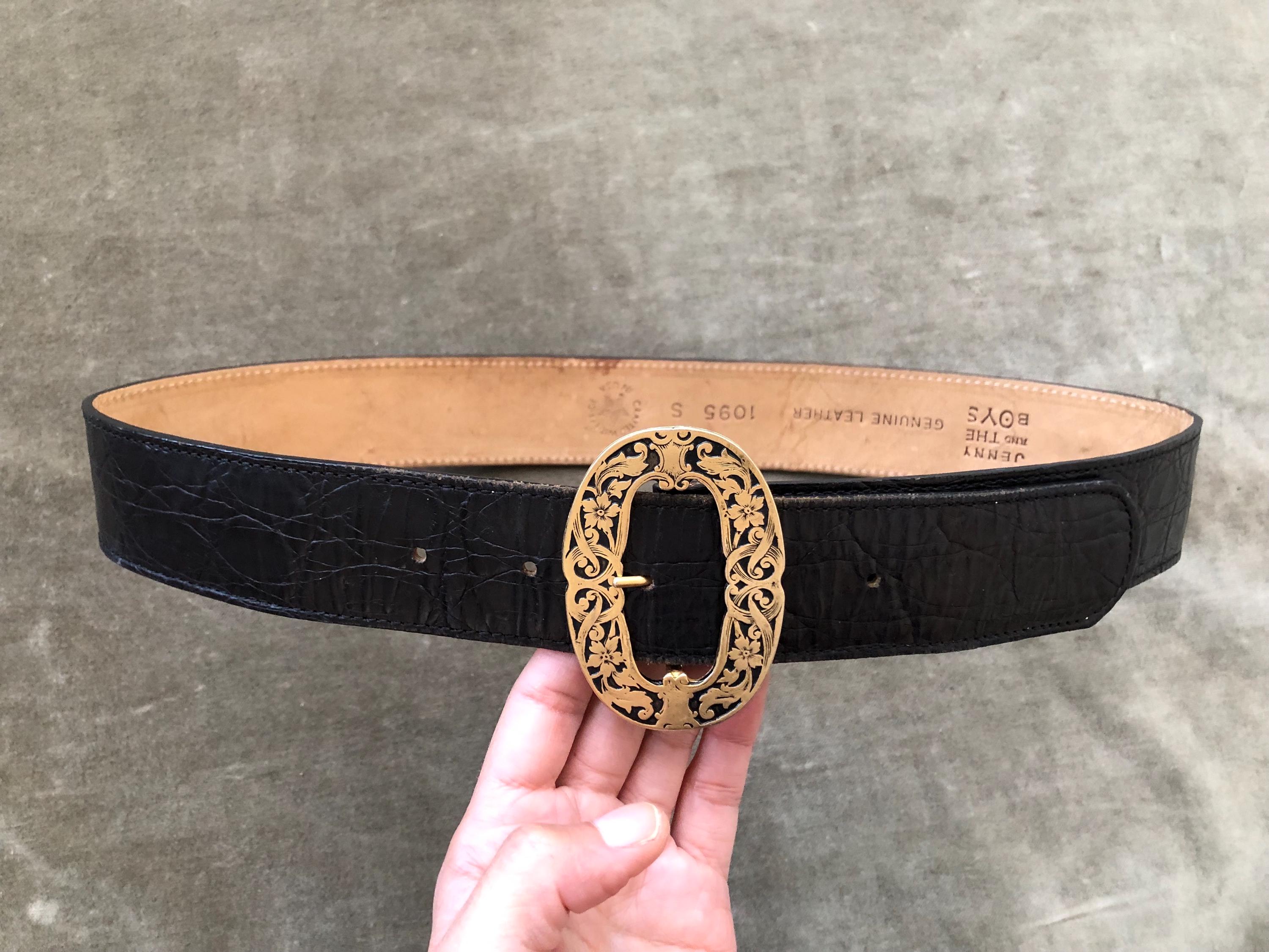 Croc Embossed Wide Black Leather Fashion Belt Gold Floral  display picture 1