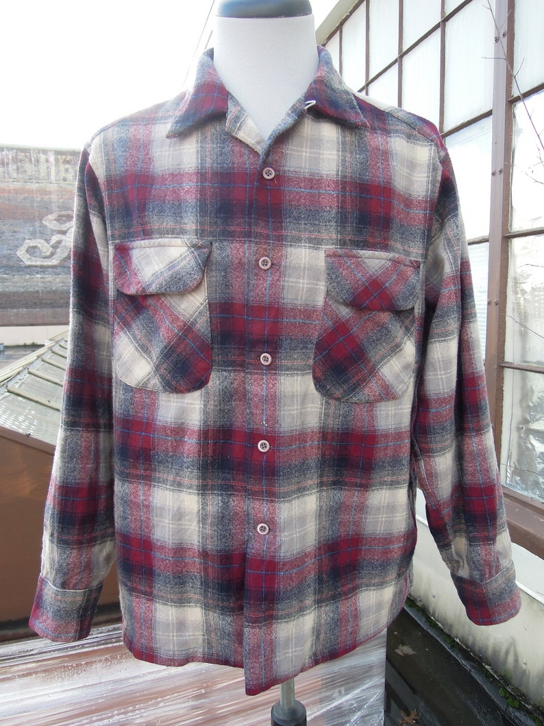 Vtg Pendleton Wool Plaid Woven mens oxford Shirt M burgundy ivory gray shadow plaid w chest pockets 80s 90s vintage flannel