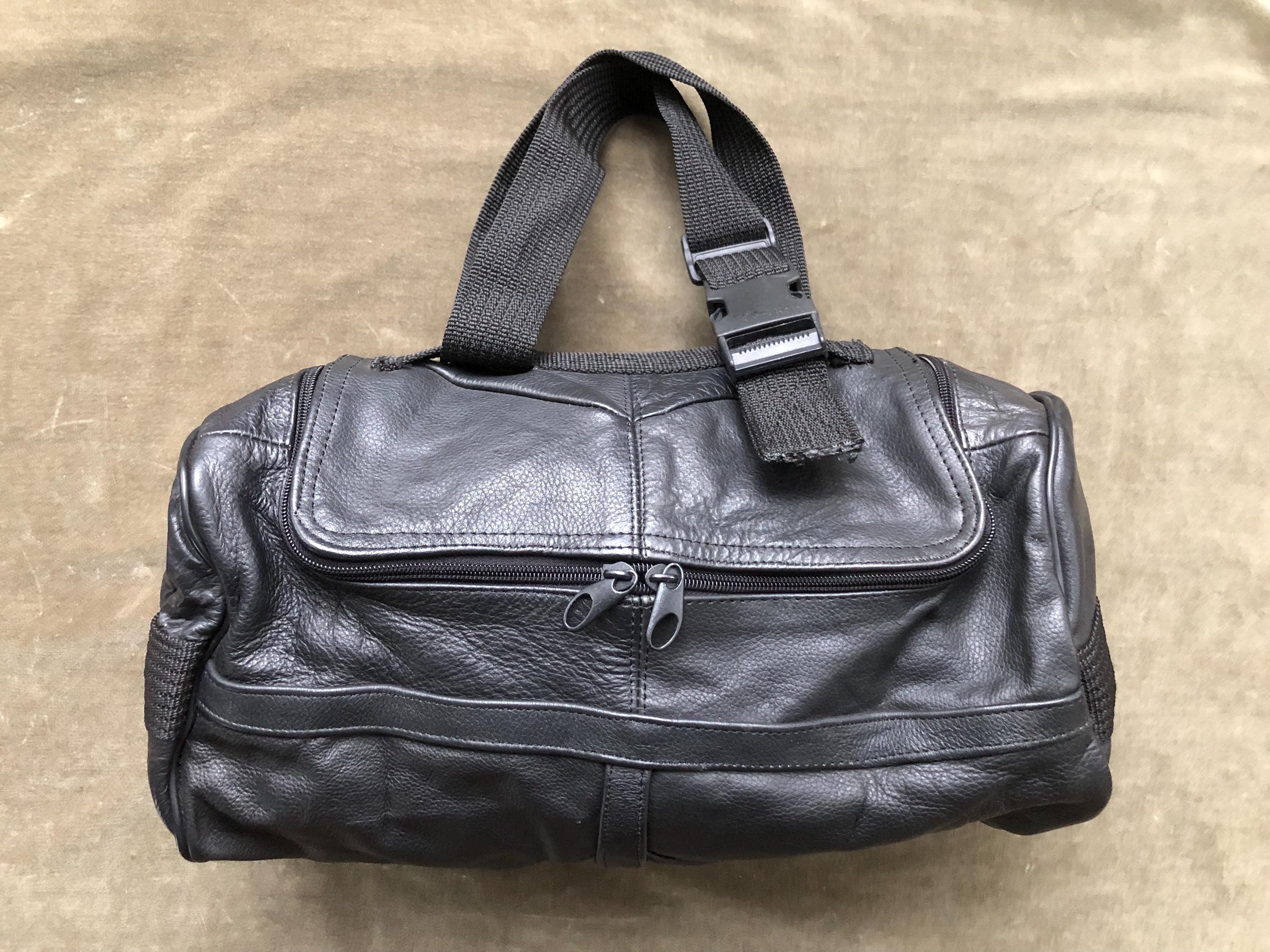 1980s 90s Petite Soft Thick Black Leather Patchwork Duffle Duffel