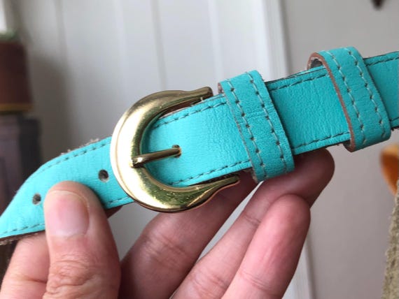 60s 70s Skinny Aqua Bright Blue Green Retro Leather Belt  display picture 2
