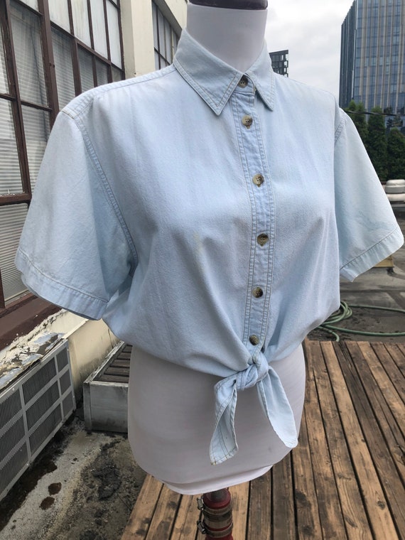 80s Cotton Blue Bleached White Shirt  Denim Boxy … - image 2