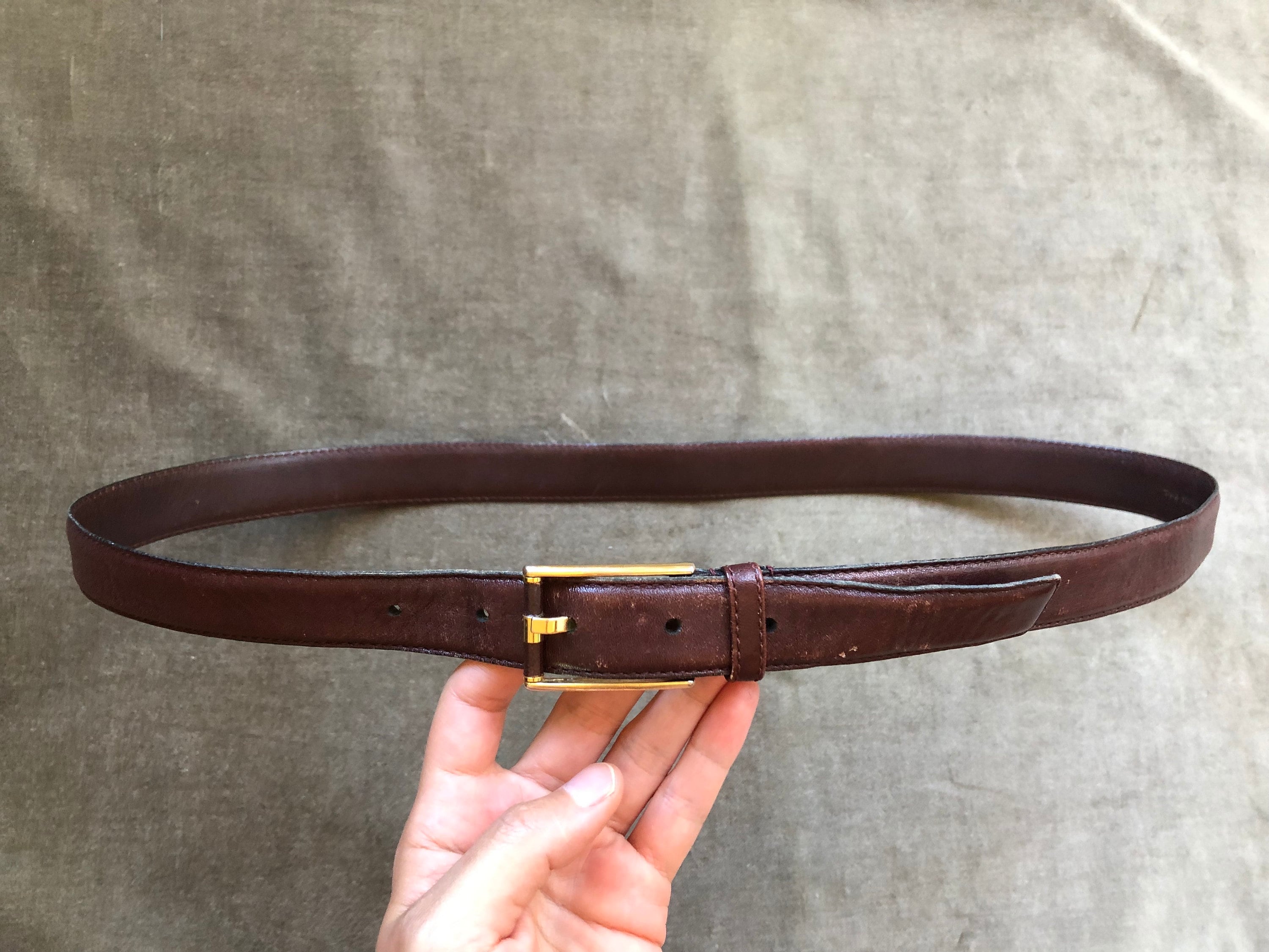 70s 80s Slim Soft Dark Brown Leather Retro Belt Petite Gold 