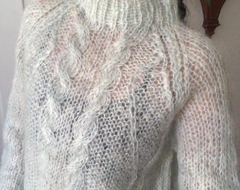 1960s Ice Blue Fuzzy Mohair Glossy Hairy Semi Sheer Loose Knit