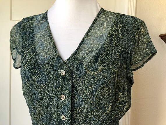 Silk Crinkle Sheer Chiffon Dark Green Paisley Flo… - image 1