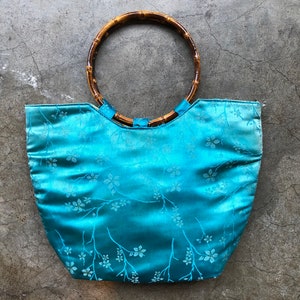 Distressed 90s Teal Turquoise Blue Faded Silk Satin Chinese Floral Print Bamboo O Ring Handle Boho Purse Bag Handbag Vintage Retro 1990s image 1
