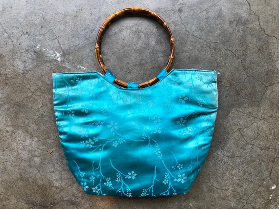 Distressed 90s Teal Turquoise Blue Faded Silk Satin Chinese Floral Print Bamboo O Ring Handle Boho Purse Bag Handbag Vintage Retro 1990s