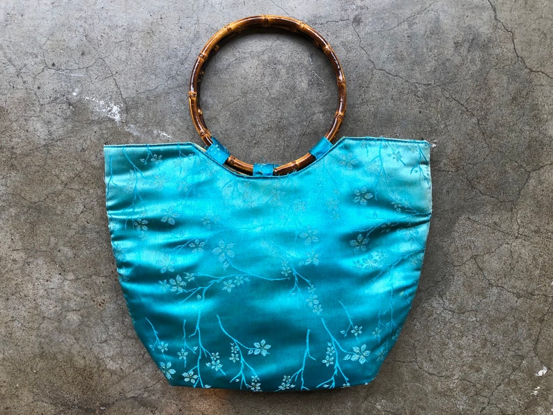 Distressed 90s Teal Turquoise Blue Faded Silk Satin Chinese Floral Print Bamboo O Ring Handle Boho Purse Bag Handbag Vintage Retro 1990s image 1
