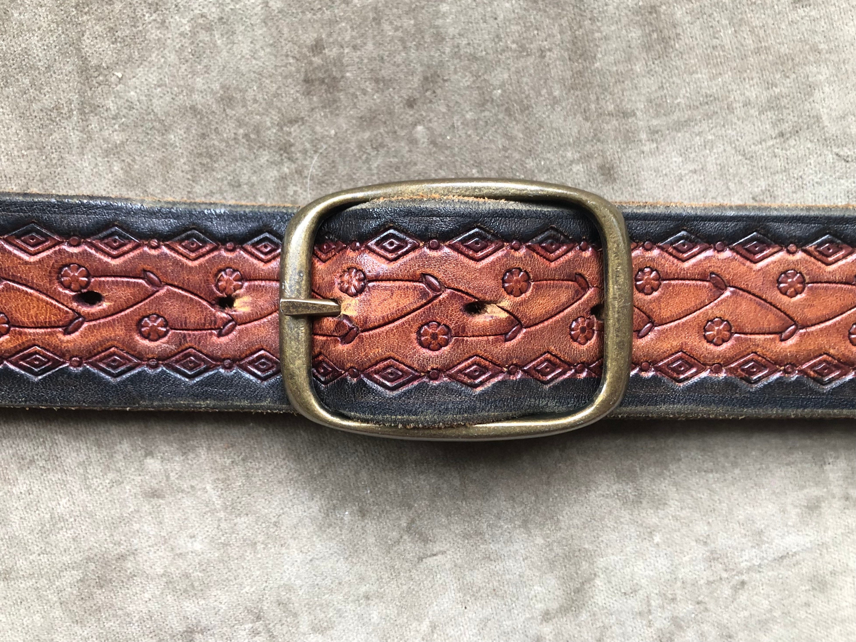 70s Floral Tooled Brown Black Stripe Thick Leather Belt  display picture 1