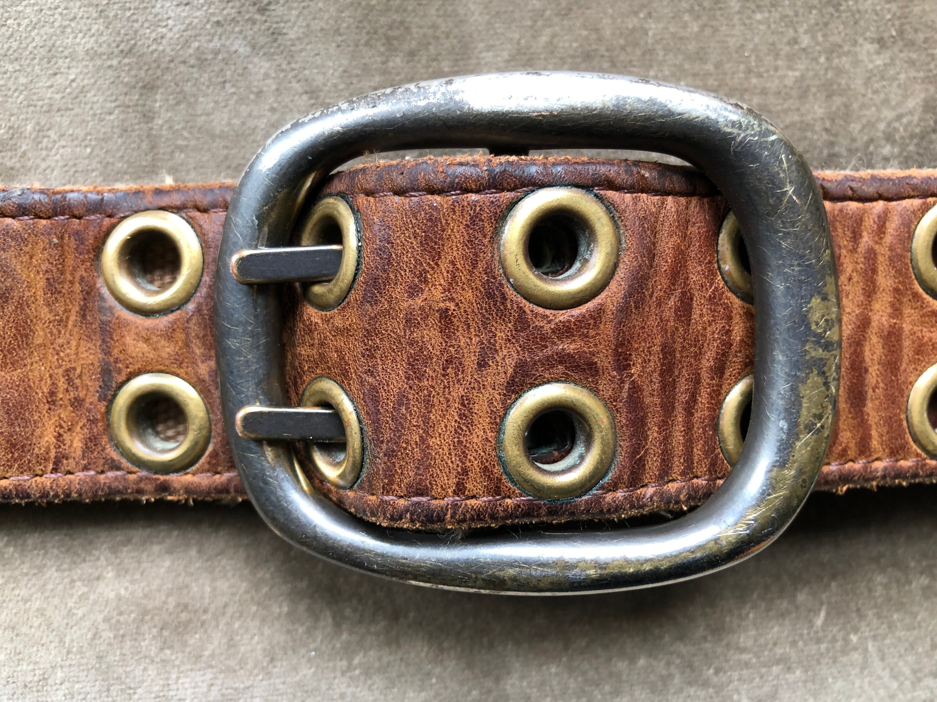 90s Aged Brown Leather Brass Stud Grommet Studded Thick Heavy Duty  