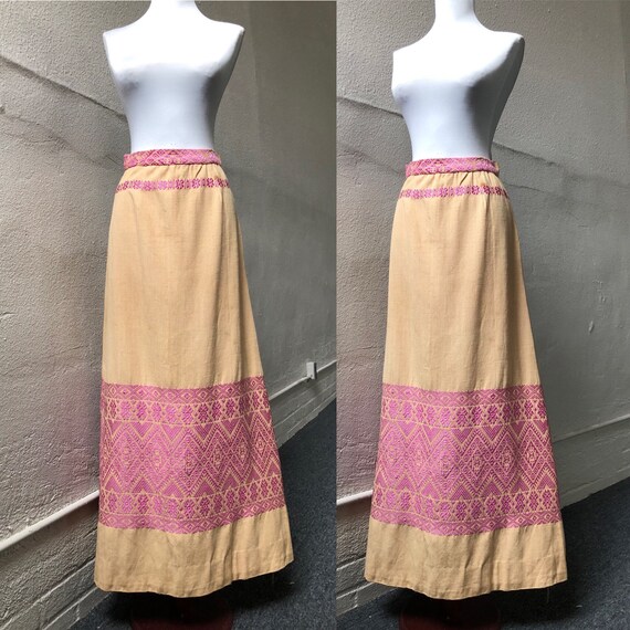 70s Handmade Cotton Woven Flared Boho Maxi Skirt … - image 5