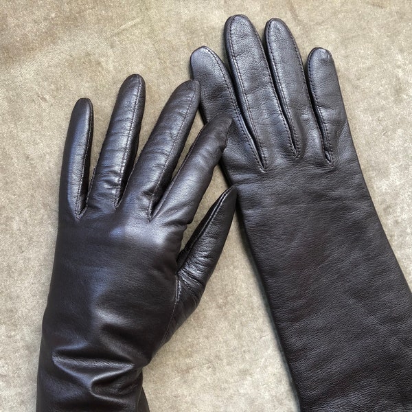 Simple Dark Brown Espresso Leather Gloves Warm Fleece Flannel Lined Size S XS 7.5 Women's Contemporary Like New Condition Made in India