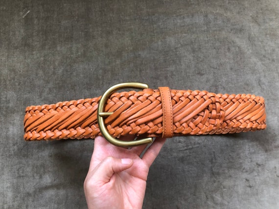Vintage Wide Woven Tan Brown Leather Belt Braided… - image 3