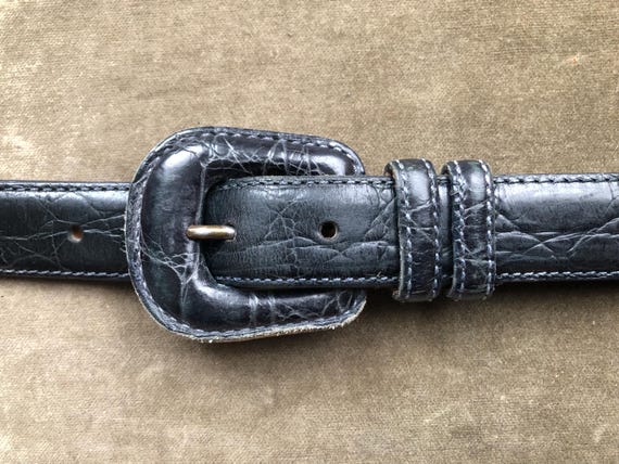 90s Calfskin Leather Croc Embossed Dark Dark Dusty Blue Belt  display picture 3